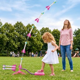 قاذفة يونيكورن وردية تطلق الصواريخ بالهواء للأطفال Pink unicorn launcher that shoots rockets into the air for kids.