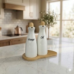 طقم قوارير زيت وخل سيراميك مع قاعدة وسدادات خشبية Ceramic Oil and Vinegar Bottle Set with Wooden Base & Cork Stoppers