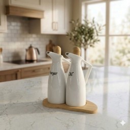 طقم قوارير زيت وخل سيراميك مع قاعدة وسدادات خشبية Ceramic Oil and Vinegar Bottle Set with Wooden Base & Cork Stoppers
