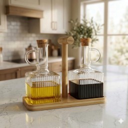 طقم قوارير زيت وخل زجاجية مضلعة مع حامل وقاعدة خشبية Ribbed Glass Oil and Vinegar Bottle Set with Wooden Stand & Cork Stoppers