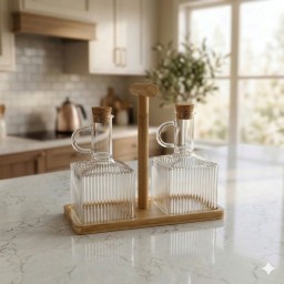 طقم قوارير زيت وخل زجاجية مضلعة مع حامل وقاعدة خشبية Ribbed Glass Oil and Vinegar Bottle Set with Wooden Stand & Cork Stoppers