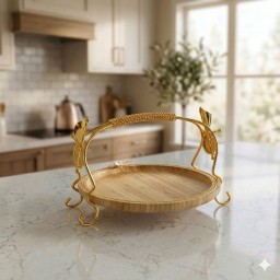 صينية تقديم خشبية دائرية بحامل معدني ذهبي ومقبض مزخرف Round Wooden Serving Tray with Gold Metal Stand & Handle