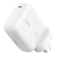 شاحن جداري GaN بقدرة 100 واط بمنفذ USB-C واحد مع قابس بريطاني قابل للطي – أبيض 100W 1C GAN WALL CHARGER WH (FOLDABLE UK PLUG)