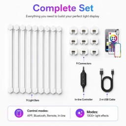 خطوط إضاءة جدارية ذكية Smart LED Light Lines (بكج 9 قطع) Smart Wall Light Lines DIY-P24 (9 Light Bars + 9 Connectors) - RGB Music Sync & Voice Control
