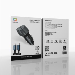 شاحن سيارة ماستر 66 واط بمنفذين تايب سي مع كيبل تايب سي 60 واط MASTER 66W Car Charger USB-C to USB-C with Braided Cable-Black