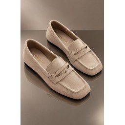 حذاء لوفر نسائي Muggo DORİAN يومي بكعب مخفي ومقدمة مربعة - بيج Muggo DORİAN Women's Hidden Heel Leather Square Toe Daily Loafer Moccasins - Beige