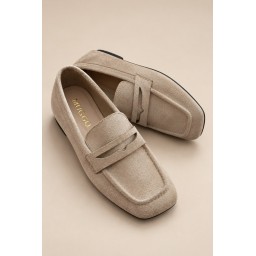 حذاء لوفر نسائي Muggo DORİAN يومي بكعب مخفي ومقدمة مربعة - بيج Muggo DORİAN Women's Hidden Heel Leather Square Toe Daily Loafer Moccasins - Beige