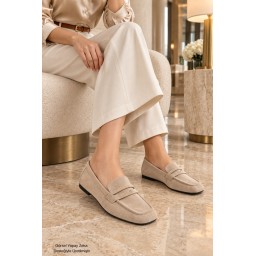 حذاء لوفر نسائي Muggo DORİAN يومي بكعب مخفي ومقدمة مربعة - بيج Muggo DORİAN Women's Hidden Heel Leather Square Toe Daily Loafer Moccasins - Beige
