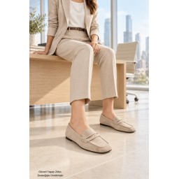 حذاء لوفر نسائي Muggo DORİAN يومي بكعب مخفي ومقدمة مربعة - بيج Muggo DORİAN Women's Hidden Heel Leather Square Toe Daily Loafer Moccasins - Beige