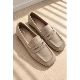 حذاء لوفر نسائي Muggo DORİAN يومي بكعب مخفي ومقدمة مربعة - بيج Muggo DORİAN Women's Hidden Heel Leather Square Toe Daily Loafer Moccasins - Beige