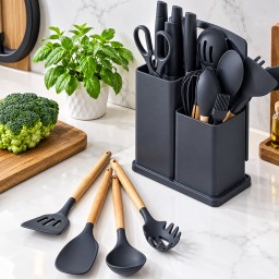 سيت مطبخ سليكون اسود 19 قطعة ثقيل Heavy-duty 19-piece silicone kitchen set