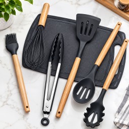 سيت مطبخ سليكون اسود 19 قطعة ثقيل Heavy-duty 19-piece silicone kitchen set