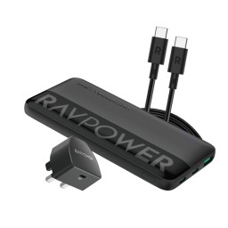باقة RAVPower PC1085 شاحن جداري 20 واط وباور بانك 10000mAh مع كيبل USB-C أسود RAVPower PC1085 Combo 20W Wall Charger 10000mAh Power Bank with USB-C Cable Black