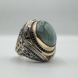 خاتم العقيق اليماني Green & White Agate Ring