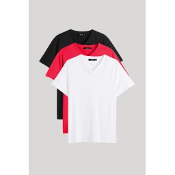 تي شيرت رجالي بياقة V، عبوة 3 قطع أساسية، قطن 100%، قصة عادية - ألوان متعددة Men's Multi-Color 100% Cotton V-Neck T-Shirt Regular Fit - 3 Basic Pack