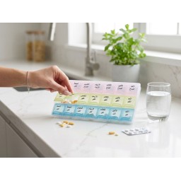 منظم الأدوية والفيتايمينات الأسبوعي بـ 21 خانة مقسمة باللغة العربية. Weekly medication and vitamin organizer with 21 compartments labeled in Arabic.