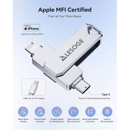 محرك أقراص فلاش Lesoge بسعة 128 جيجابايت ومعتمد من MFi، متوافق مع هواتف iPhone وGalaxy (لنقل الصور وتخزين البيانات) MFi Certified 128gb Flash Drive for iPhone Photo Stick Thumb Drive, USB Memory Stick iPhone Flash Drive for Photos Videos