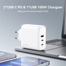 شاحن VOLTME بمنفذ USB-C وقوة 100 واط، مزود بـ 3 منافذ بتقنية GaN ويدعم الشحن السريع PD 3.0 VOLTME USB C Charger 100W, 3 GaN Ports, PD 3.0 Fast Charger