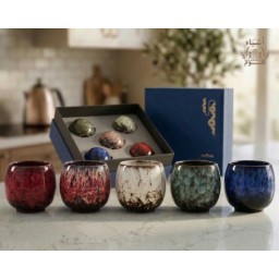 طقم أكواب قهوة وشاي سيراميك بأسلوب التزجيج الياباني الفاخر (5 ألوان مميزة) Japanese Kiln Change Glaze Ceramic Tea & Espresso Cups Set