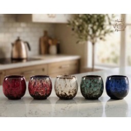 طقم أكواب قهوة وشاي سيراميك بأسلوب التزجيج الياباني الفاخر (5 ألوان مميزة) Japanese Kiln Change Glaze Ceramic Tea & Espresso Cups Set