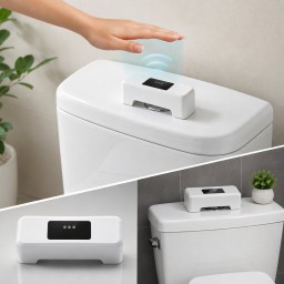 مجموعة  الحمام الذكي من بيت الرفاهية موزع صابون اوتماتيكي مع حساس سيفون ذكي . The Smart Bathroom Set from Bayt Al-Rafahiya: an automatic soap dispenser with a sensor and a smart flush system.