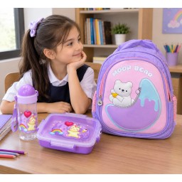 حقيبة مدرسية مع هدية لانش بوكس ومطارة School bag with a free lunch box and water bottle.