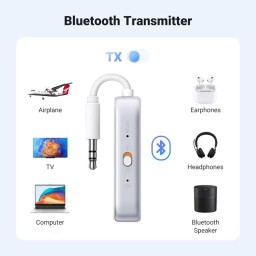 محول UGREEN اللاسلكي (2 في 1) بتقنية Bluetooth 5.4 - يعمل كمرسل ومستقبل - مزود بمنفذ 3.5 مم ويدعم توصيل جهازين في آن واحد. UGREEN 45812 Bluetooth 5.4 Transmitter and Receiver 2 in 1 Wireless 3.5mm Bluetooth Adapter, Dual Devices Simultaneously