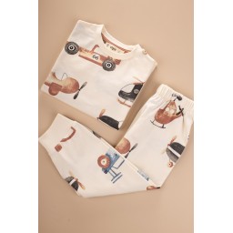 طقم بيجامة أطفال بنمط طائرة إكرو - 2-8 سنوات Kids' Patterned Pajama Set 2-8 Years - Ecru Airplane Design