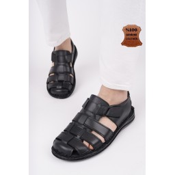 صندل Muggo Edinburg رجالي جلدي مريح طبي يومي - أسود Muggo Edinburg Men's Genuine Leather Orthopedic Daily Comfort Sandals - Black