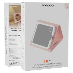 مرآة مكياج بورودو ليلي LED قابلة للطي ثلاثية - وردي Porodo Lily LED Portable Tri-Fold Makeup Mirror – Pink