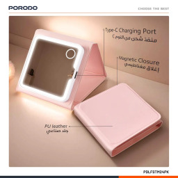 مرآة مكياج بورودو ليلي LED قابلة للطي ثلاثية - وردي Porodo Lily LED Portable Tri-Fold Makeup Mirror – Pink