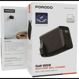 بورودو شاحن جداري GaN متعدد المنافذ 100 واط - 3 منافذ USB-C/USB-A PDFWCH073BK - أسود Porodo PDFWCH073BK 100W 3-Port GaN USB-C/USB-A Wall Charger - Black