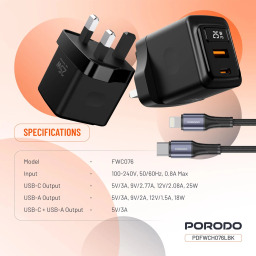بورودو شاحن جداري GaN متعدد المنافذ 100 واط - 3 منافذ USB-C/USB-A PDFWCH073BK - أسود Porodo PDFWCH073BK 100W 3-Port GaN USB-C/USB-A Wall Charger - Black