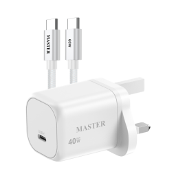 شاحن جداري ماستر غان 40 واط ديناميكي حتى 60 واط مع كيبل تايب-سي 60 واط - أبيض Master GaN 40W Dynamic Power Wall Charger up to 60W with 60W USB-C Cable - White
