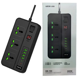 مقبس طاقة Green Lion GS-150 بقدرة 3000 واط - أسود Green Lion GS-150 Power Strip - 3 AC Outlets + 4 USB-A + 2 USB-C, 24H Timer, 3000W, Surge Protection, 750°C Flame-Retardant