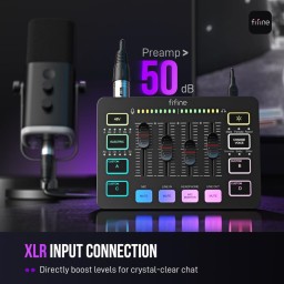 مكسر وخلاط صوت احترافي فاي فاين للألعاب والبث المباشر بمدخل XLR مع طاقة 48V فانتوم وإضاءة RGB (طراز Fifine AmpliGame SC3) Fifine AmpliGame SC3 Gaming Audio Mixer with XLR Input & 48V Phantom Power