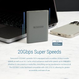 وحدة تخزين خارجي محمول اس اس دي 2 تيرا بايت ranscend ESD360C 2TB External SSD, USB 3.2 Gen 2 (20Gbps), Up to 2,000MB/s, Portable SSD with USB-C Cable