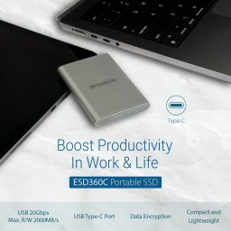 وحدة تخزين خارجي محمول اس اس دي 2 تيرا بايت ranscend ESD360C 2TB External SSD, USB 3.2 Gen 2 (20Gbps), Up to 2,000MB/s, Portable SSD with USB-C Cable