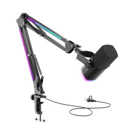 طقم ميكروفون ديناميكي احترافي فاي فاين مع ذراع تثبيت RGB بمنفذي USB وXLR (طراز Fifine AM8 ProT) Fifine AM8 ProT Dynamic Gaming & Streaming Microphone with RGB Boom Arm