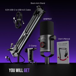 طقم ميكروفون ديناميكي احترافي فاي فاين مع ذراع تثبيت RGB بمنفذي USB وXLR (طراز Fifine AM8 ProT) Fifine AM8 ProT Dynamic Gaming & Streaming Microphone with RGB Boom Arm