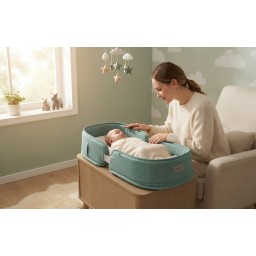 حقيبة ظهر متطورة لتنقل الأم تتحول إلى سرير ومهد نوم محمول للرضع (أخضر فستقي) Multifunctional Baby Diaper Bag Backpack Convertible to Portable Travel Bed (Sage Green)