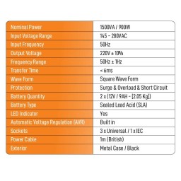 جهاز UPS من Tiger يو بي إس تايجر (Tiger Offline UPS) بقدرة 1500VA / 900W وهيكل معدني Tiger Offline 1500VA / 900W UPS with Built-in AVR & Dual Batteries