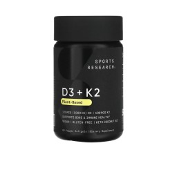 Sports Research® فيتامين D3 + K2 نباتي مع زيت جوز الهند – 60 كبسولة نباتية Sports Research® Vegan Vitamin D3 + K2 w/Coconut Oil, 60 Count Plantgels