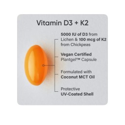 Sports Research® فيتامين D3 + K2 نباتي مع زيت جوز الهند – 60 كبسولة نباتية Sports Research® Vegan Vitamin D3 + K2 w/Coconut Oil, 60 Count Plantgels