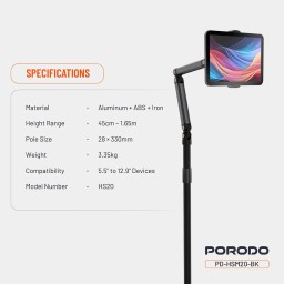 ستاند أرضي للموبايل والتابليت بوردو قابل للتعديل من 45 سم إلى 1.65 متر Porodo Adjustable Phone & Tablet Floor Stand (45cm to 1.65m)
