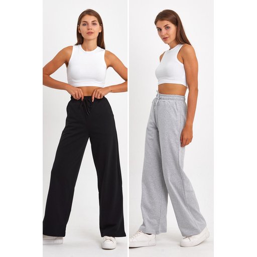 بنطلون رياضي نسائي فضفاض مريح بخصر مرن وجيوب جانبية - أسود-رمادي (عبوة من 2) Women's Loose Fit Wide Leg Tracksuit Bottoms with Side Pockets - Black-Anthracite (2-Pack)