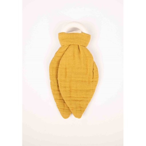 عضاضة أسنان من قماش الموسلين والخشب الطبيعي - أصفر خردلي Wooden Muslin Fabric Teether - Mustard Yellow