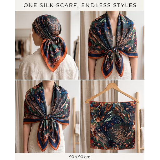 سكارف حريري بتصميم الغابة الساحرة والحياة Silk Scarf 90 cm