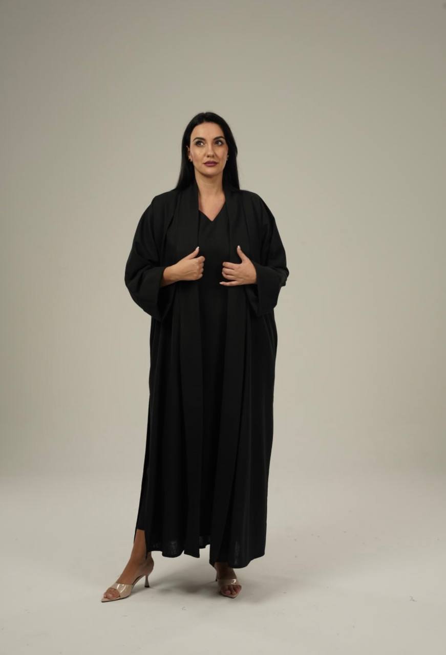 طقم عباية لينن باللون الاسود مع فستان داخلي بدون أكمام Black Linen Abaya Set
