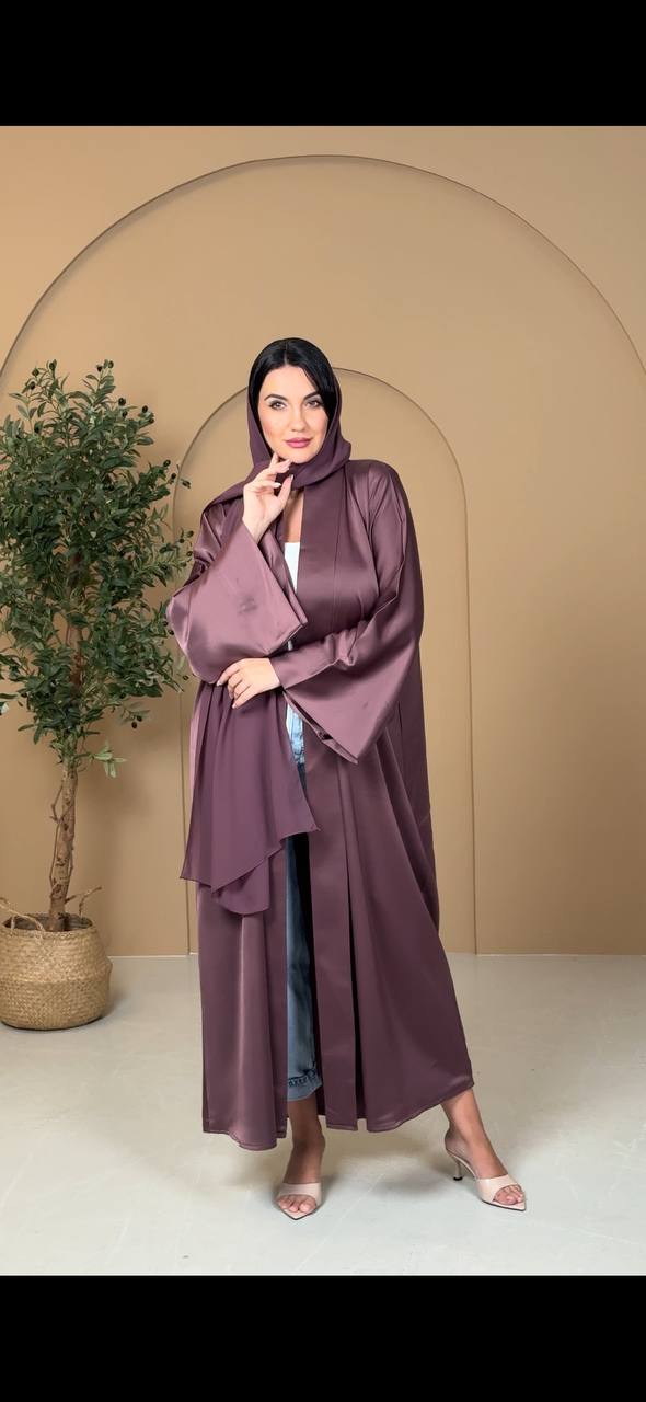 عباية كريب ستان فاخرة باللون الخزامي Mauve Crepe Satin Abaya
